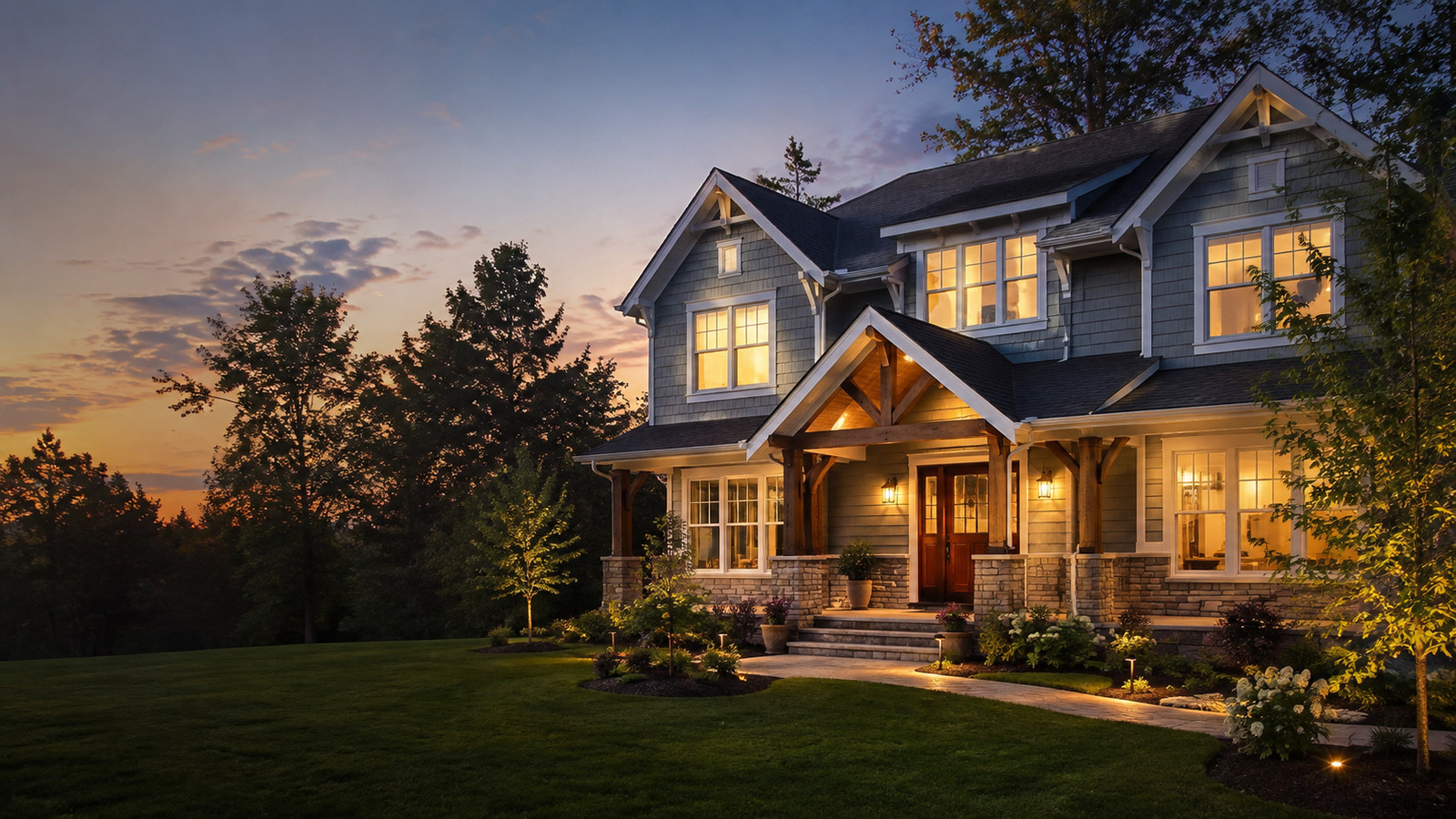 A welcoming home with a covered porch and warmly lit windows at dusk
